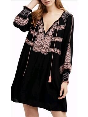 Free People Wind Willow Embroidered Boho V Neck Tassel Mini Dress Black XmS $128